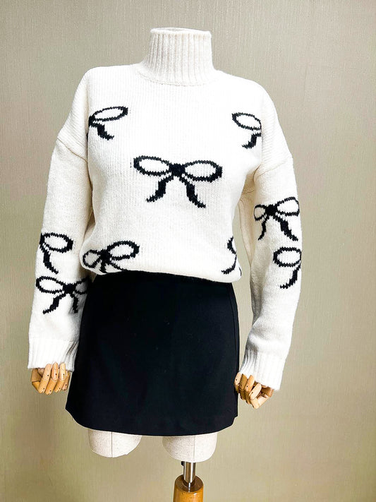 Fiyonk Desenli Boğazlı Triko Kazak - Beyaz Soft Yumuşak Örme