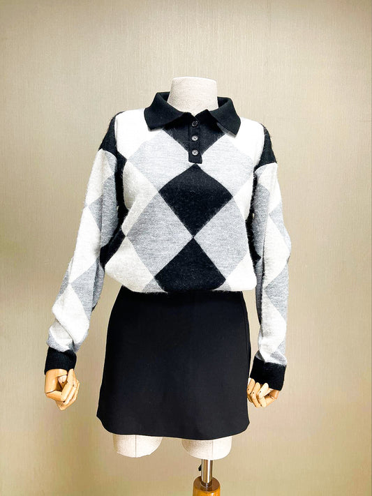 Ekose Polo Yaka Triko Kazak - Siyah Beyaz Gri Geçişli