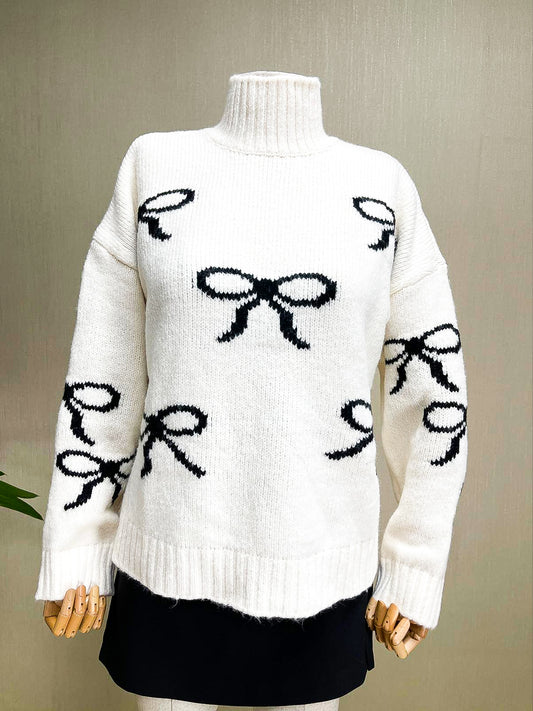 Fiyonk Desenli Boğazlı Triko Kazak - Beyaz Soft Yumuşak Örme