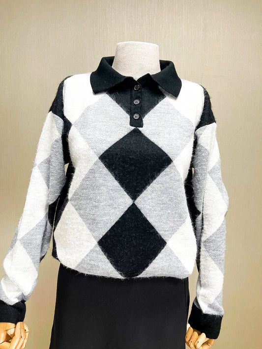 Ekose Polo Yaka Triko Kazak - Siyah Beyaz Gri Geçişli