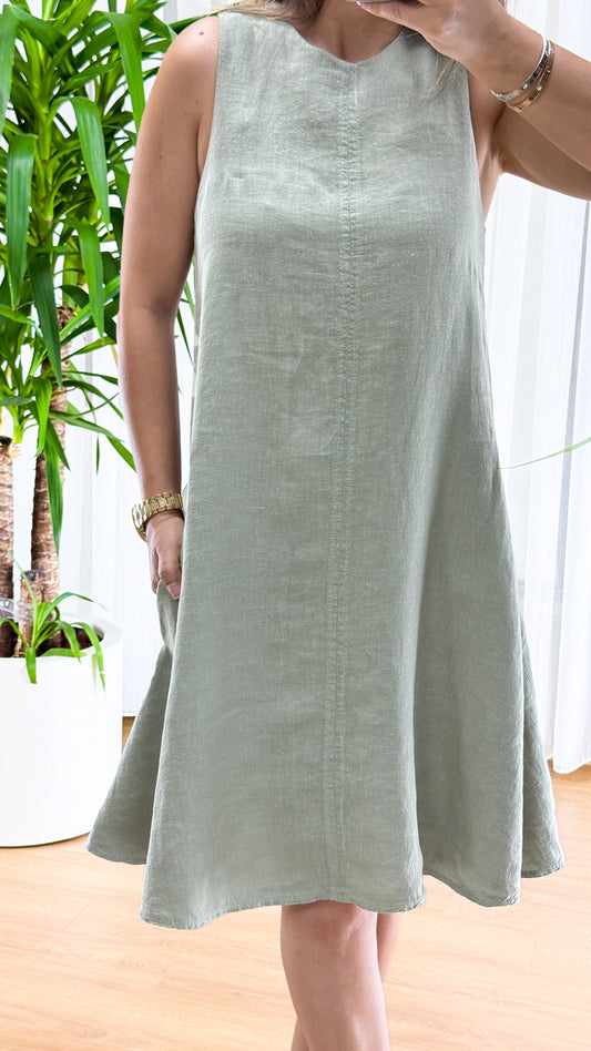 Doğal Zarafet: Haki Keten Kolsuz Elbise | Earth Tone Şıklığının Temsilcisi