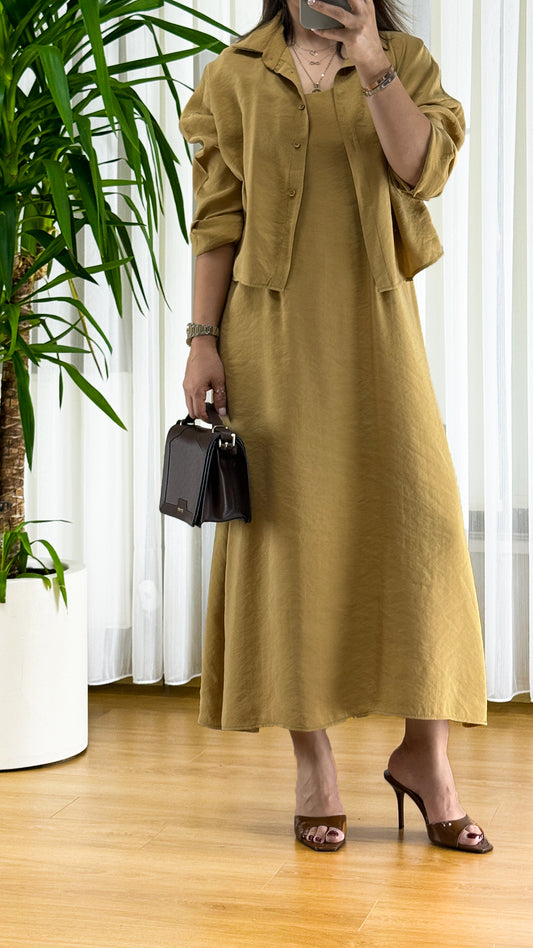 Golden Hour Şıklığı: Safran Rengi Keten Gömlek Elbise | Warm Tone Zarafeti