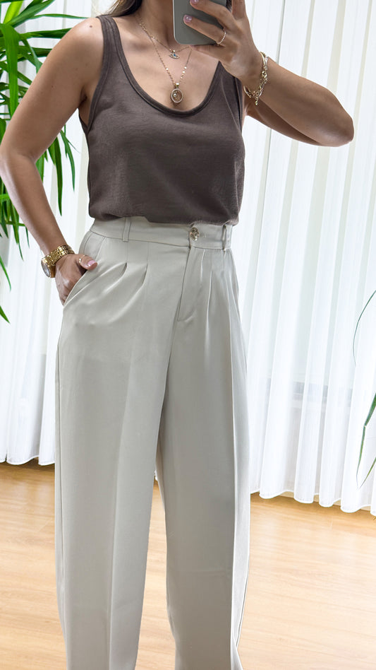 Minimalist Elegance: Bej Pileli Palazzo Pantolon