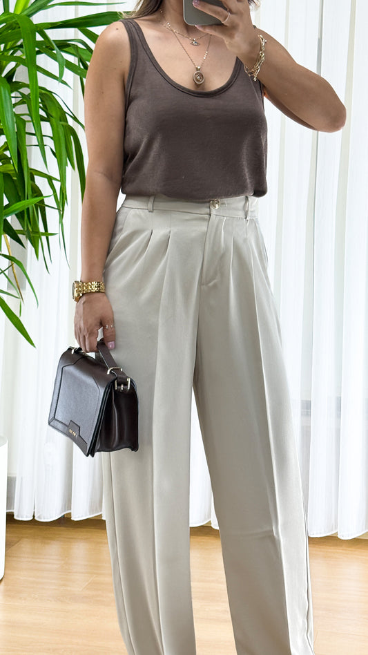 Minimalist Elegance: Bej Pileli Palazzo Pantolon