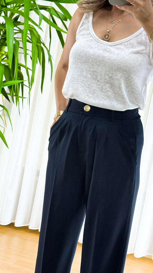 Lacivert Pileli Palazzo Pantolon | Denizci Şıklığının Modern Yorumu