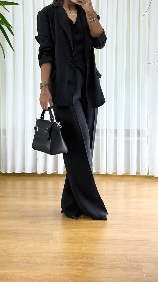 Siyah Bayan 3'lü Takım - Tensel Kumaş Ceket Yelek Pantolon
