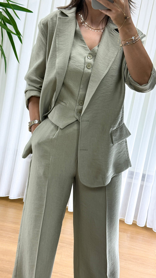 Küf Yeşili Bayan 3'lü Takım - Tensel Kumaş Ceket Yelek Set