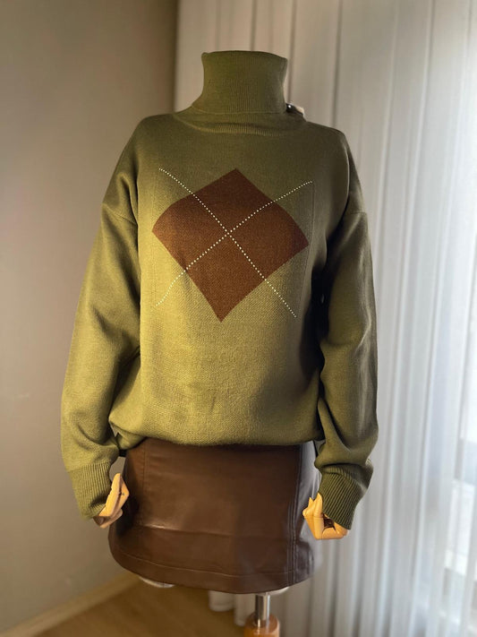 Sezonun Trend Deseni: Haki Baklava Desenli Kazak | Sonbahar Kış'ın Vazgeçilmezi