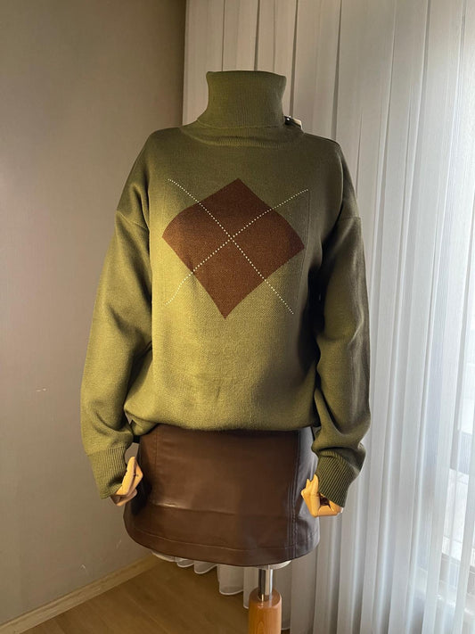 Sezonun Trend Deseni: Haki Baklava Desenli Kazak | Sonbahar Kış'ın Vazgeçilmezi