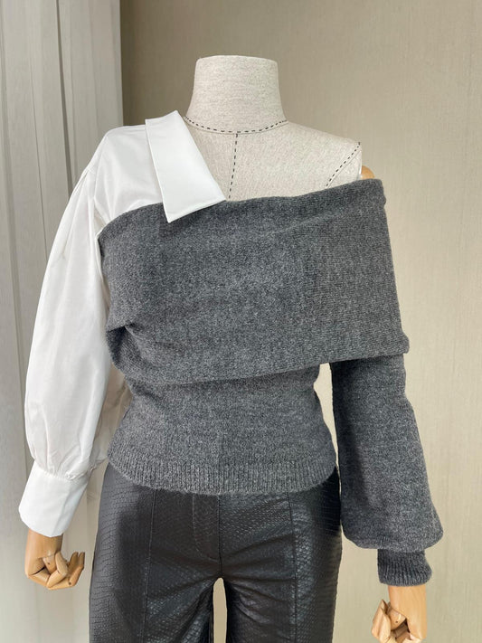 Modern Asimetri: Gri Triko Gömlek Detaylı Kazak | Sezonun En Trend Tasarımı