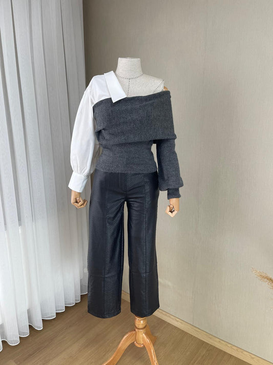 Modern Asimetri: Gri Triko Gömlek Detaylı Kazak | Sezonun En Trend Tasarımı