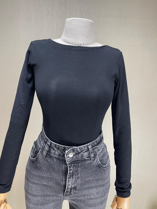 Siyah Kayık Yaka Basic Body - Uzun Kollu