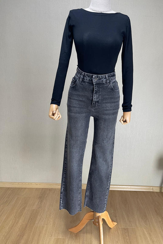 Yüksek Bel Siyah Taşlanmış Straight Pantolon - Wide Leg