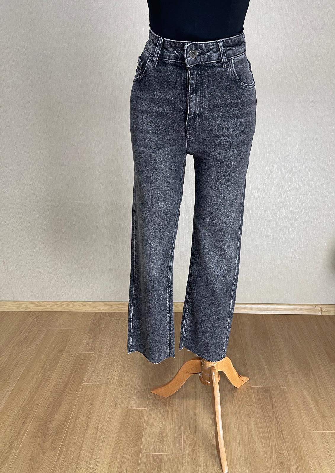 Yüksek Bel Siyah Taşlanmış Straight Pantolon - Wide Leg