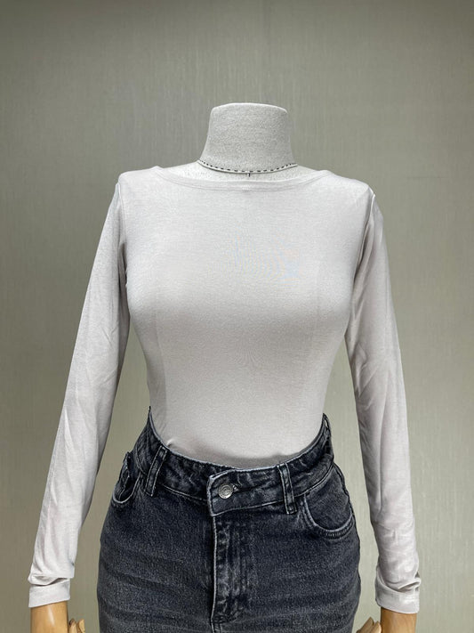 Krem Rengi Kayık Yaka Basic Body - Uzun Kol