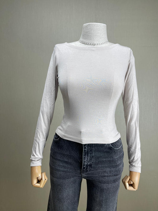 Krem Rengi Kayık Yaka Basic Body - Uzun Kol