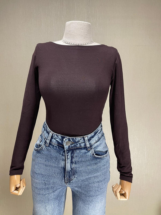 Kahverengi Body - Uzun Kol Kayık Yaka