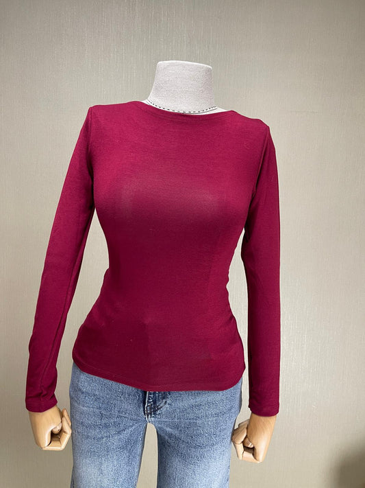 Bordo Kayık Yaka Basic Bluz - Uzun Kol