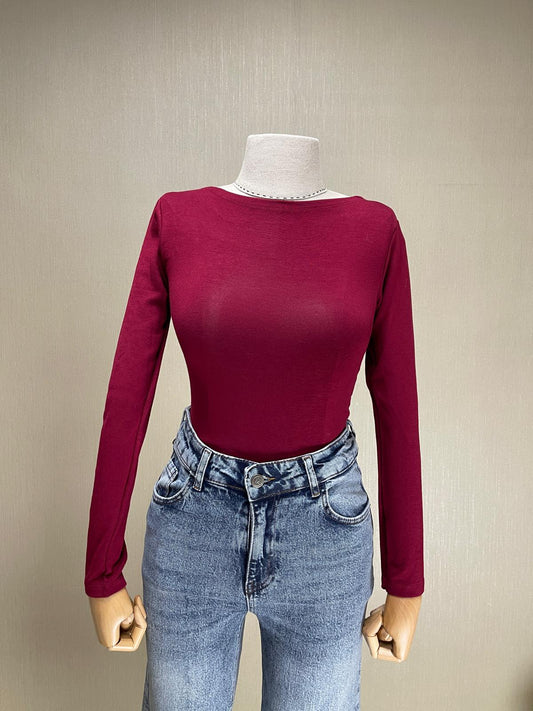 Bordo Kayık Yaka Basic Bluz - Uzun Kol