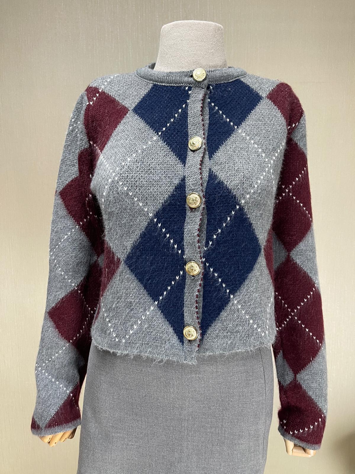 Ekose Desenli Crop Hırka - Gri Lacivert Bordo