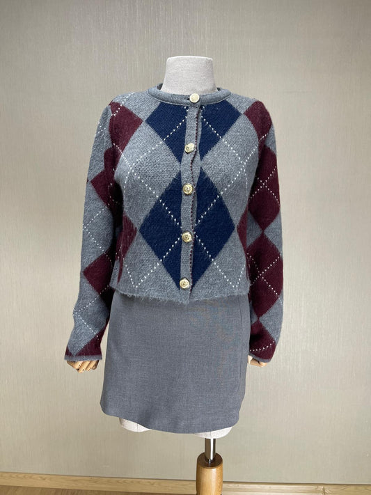 Ekose Desenli Crop Hırka - Gri Lacivert Bordo