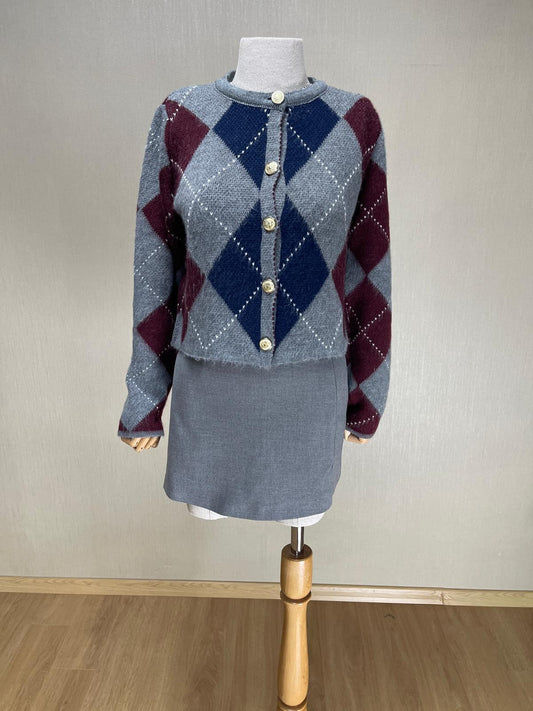 Ekose Desenli Crop Hırka - Gri Lacivert Bordo