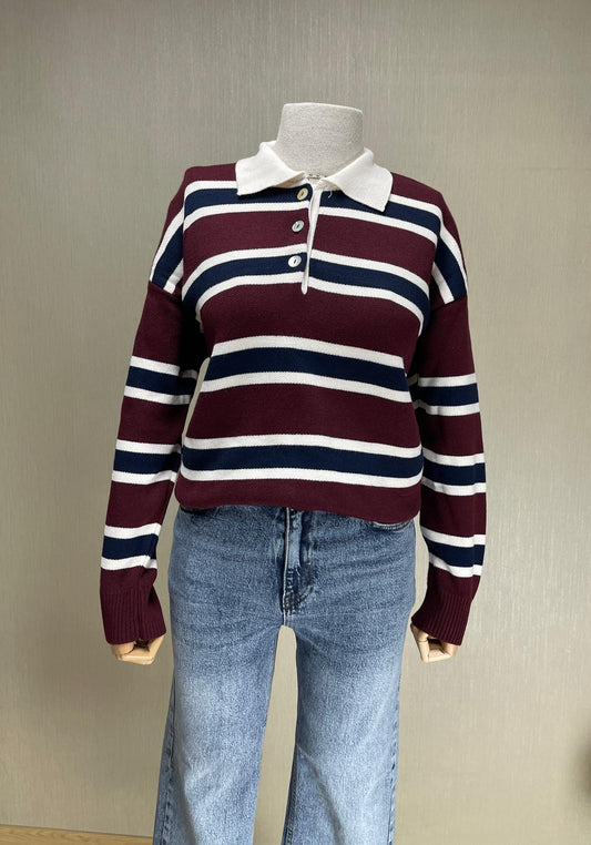 Çizgili Polo Triko Kazak - Bordo Lacivert Beyaz