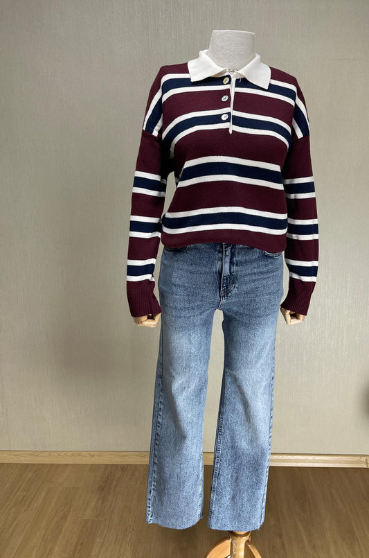 Çizgili Polo Triko Kazak - Bordo Lacivert Beyaz