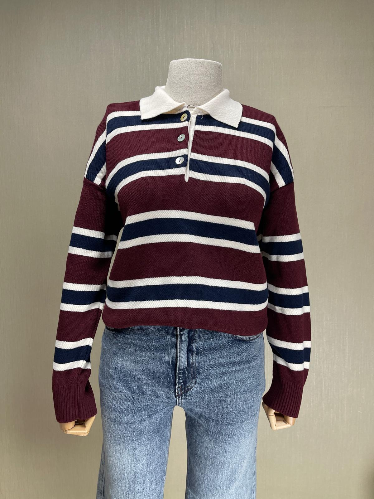 Çizgili Polo Triko Kazak - Bordo Lacivert Beyaz