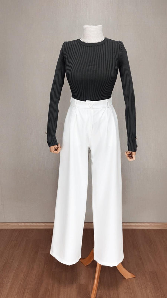 Minimal Şıklık: Beyaz Beli Lastikli Palazzo Pantolon | Konforlu Zarafet