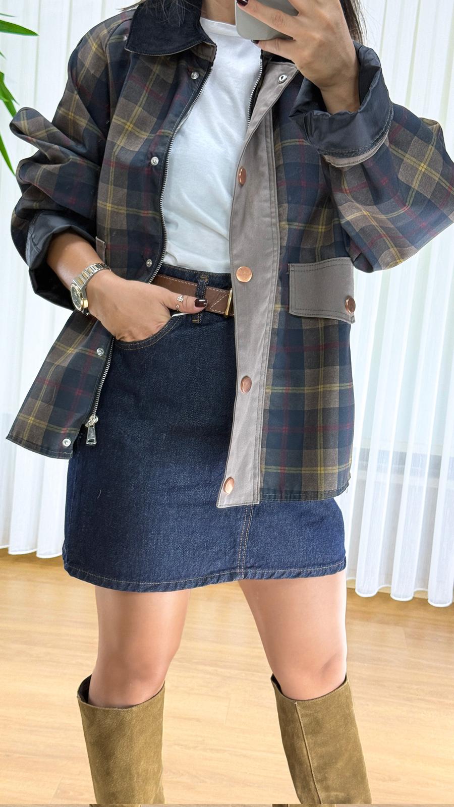 Ekoseli Bayan Mont - Kadife Yaka Oversize Ceket