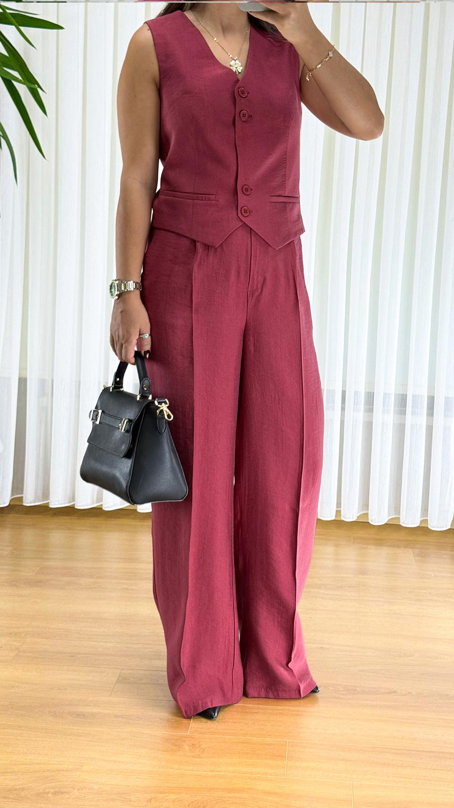 Bordo Bayan Takım - Şık Yelek Pantolon İkili Kombin