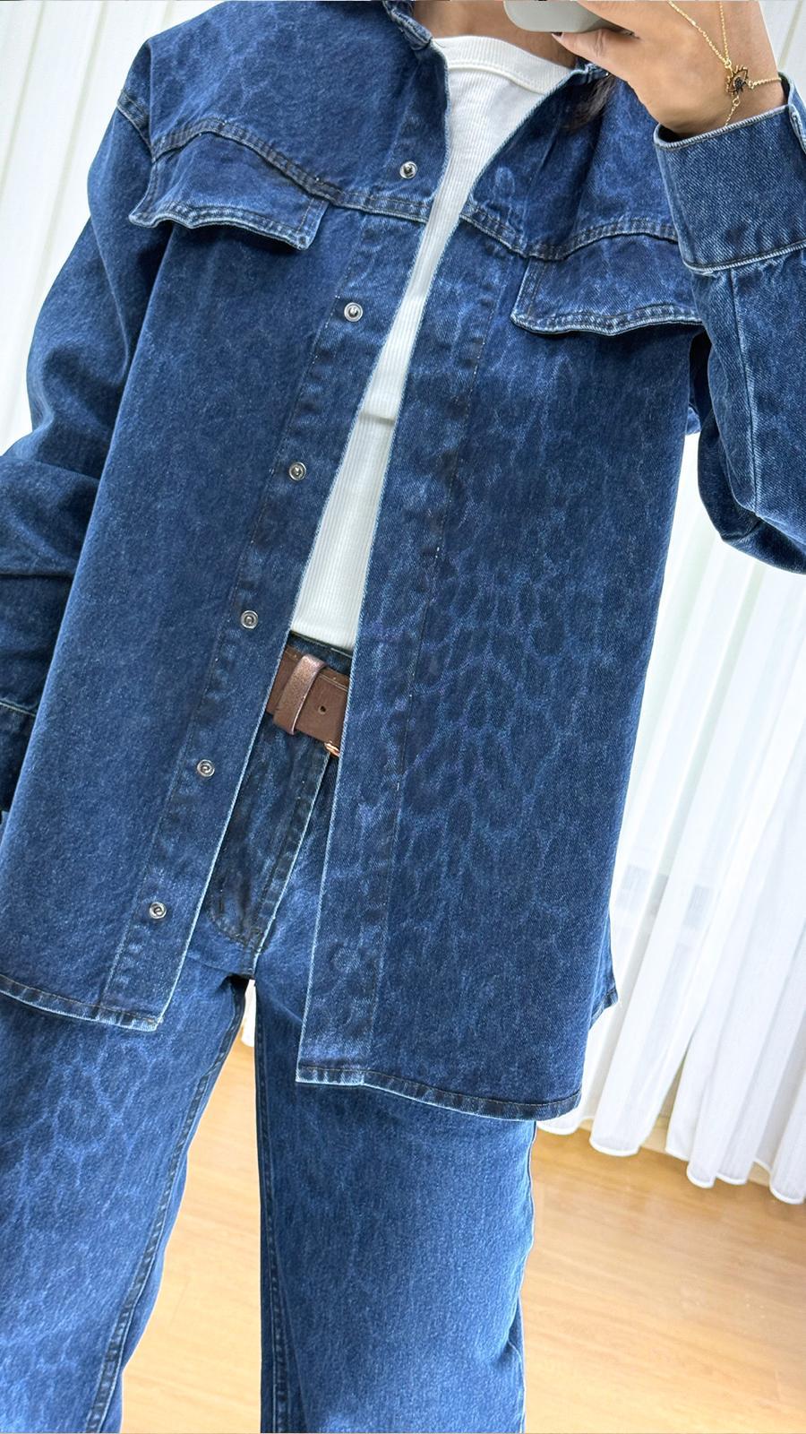 Leopar Desenli Kot Ceket - Oversize Bayan Denim Gömlek