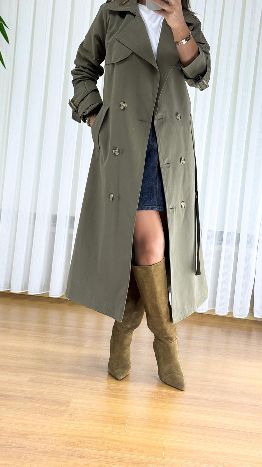 Haki Trençkot - Klasik Astarlı Bayan Yağmurluk Manto