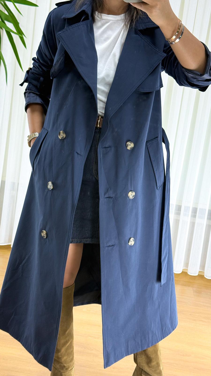 Lacivert Trençkot - Klasik Astarlı Bayan Yağmurluk