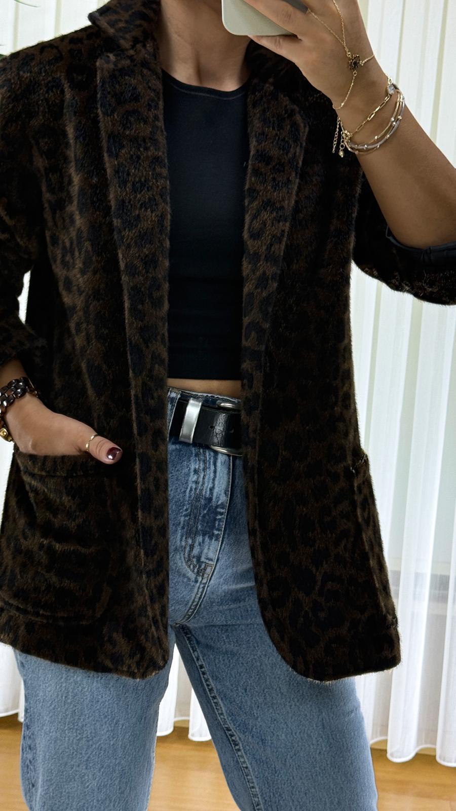 Leopar Desenli Peluş Ceket - Tay Tüyü Bayan Blazer