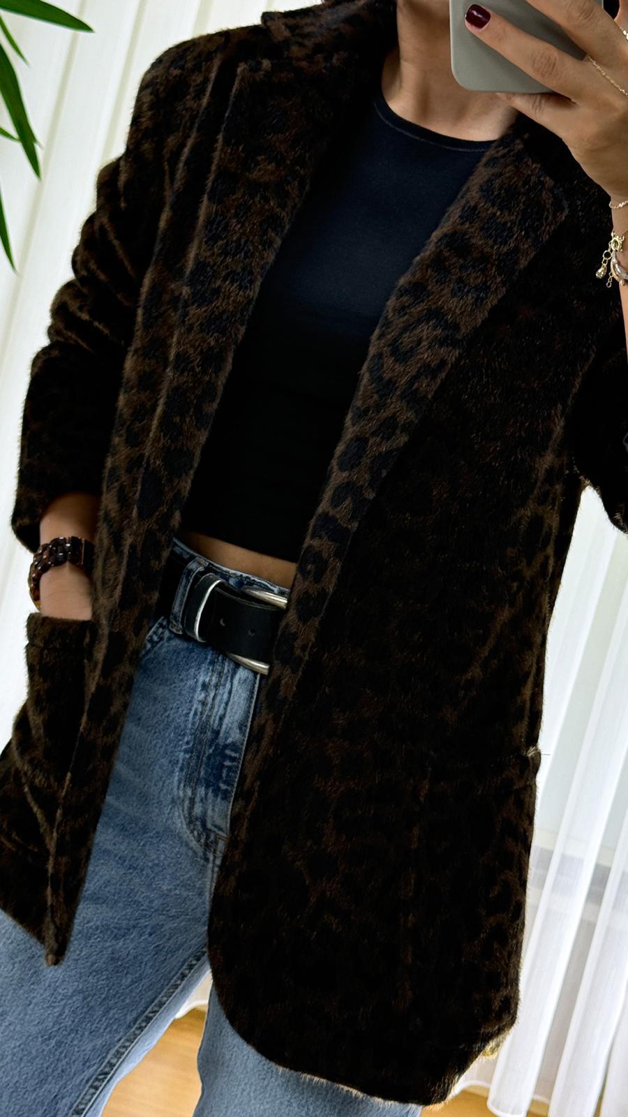 Leopar Desenli Peluş Ceket - Tay Tüyü Bayan Blazer