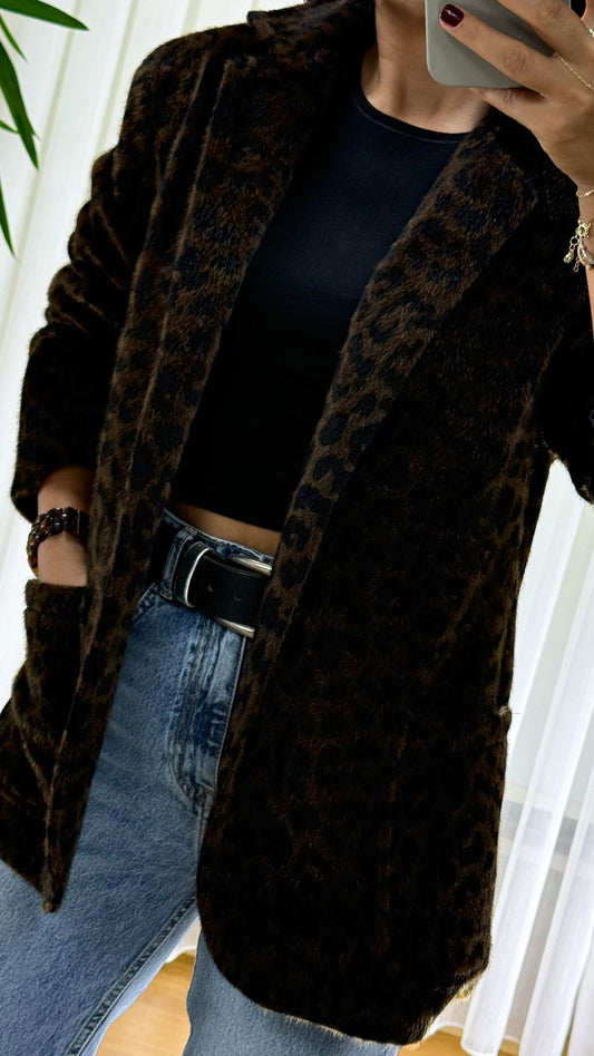 Leopar Desenli Peluş Ceket - Tay Tüyü Bayan Blazer