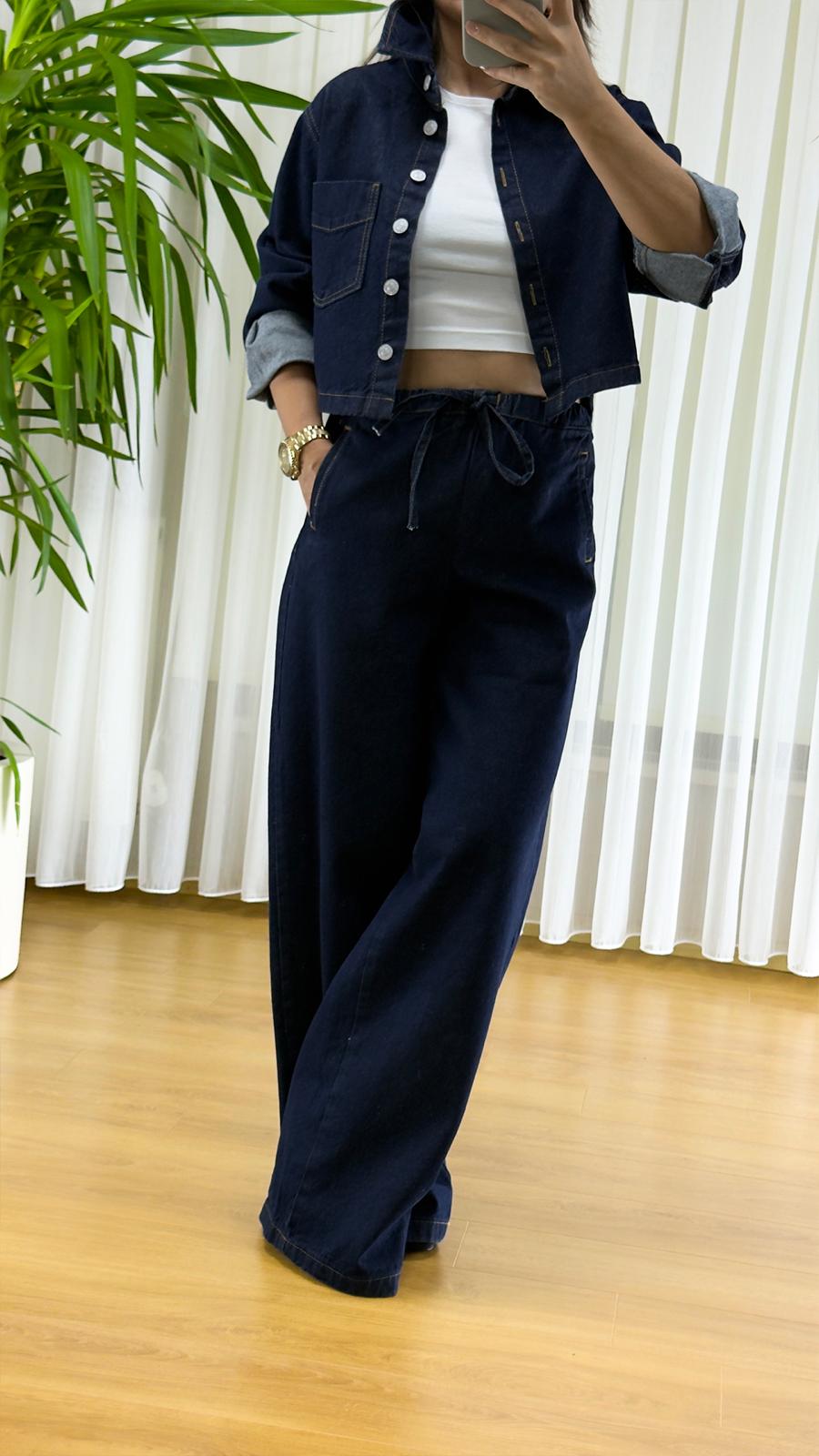 Denim Şıklık: Palazzo Pantolon ve Crop Gömlek Takım | Rahat ve Trend