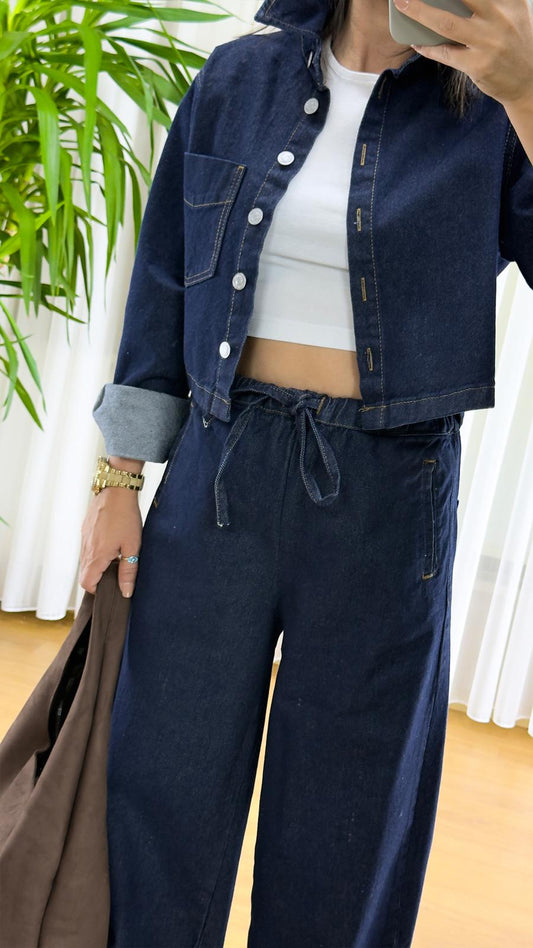 Denim Şıklık: Palazzo Pantolon ve Crop Gömlek Takım | Rahat ve Trend