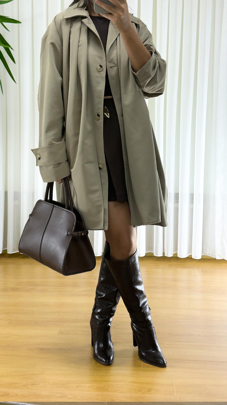 Haki Trençkot Orijinal - Klasik Astarlı Bayan Manto