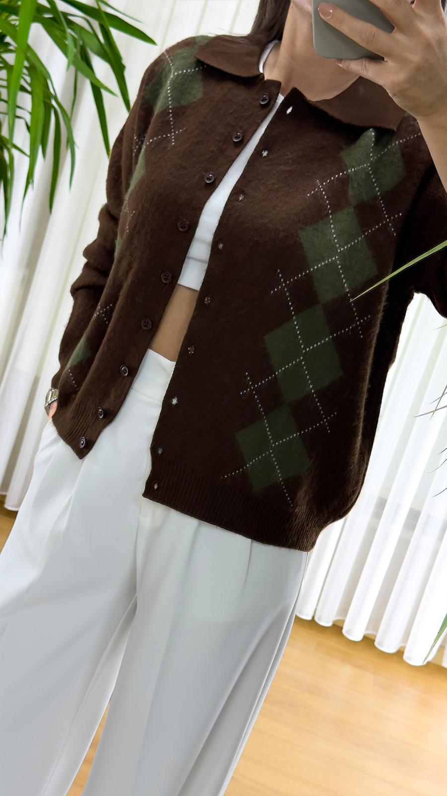 Kahverengi Baklava Desenli Hırka - Triko Bayan Yelek