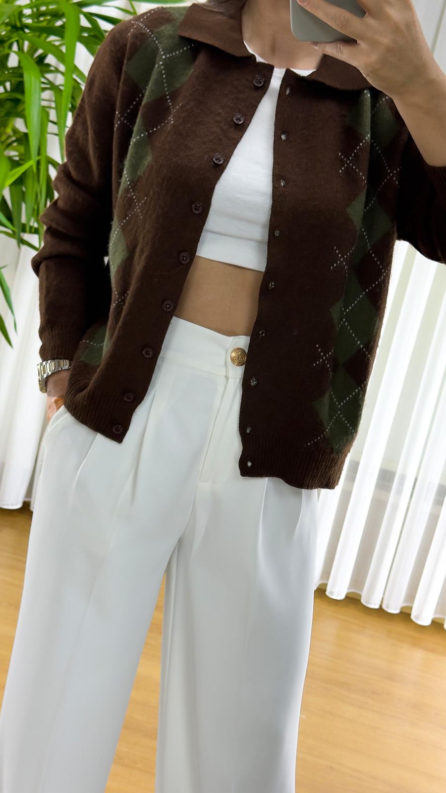 Kahverengi Baklava Desenli Hırka - Triko Bayan Yelek