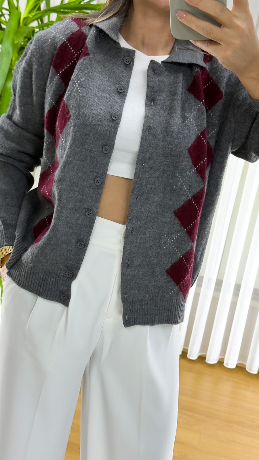 Gri Baklava Desenli Hırka - Triko Bayan Yelek