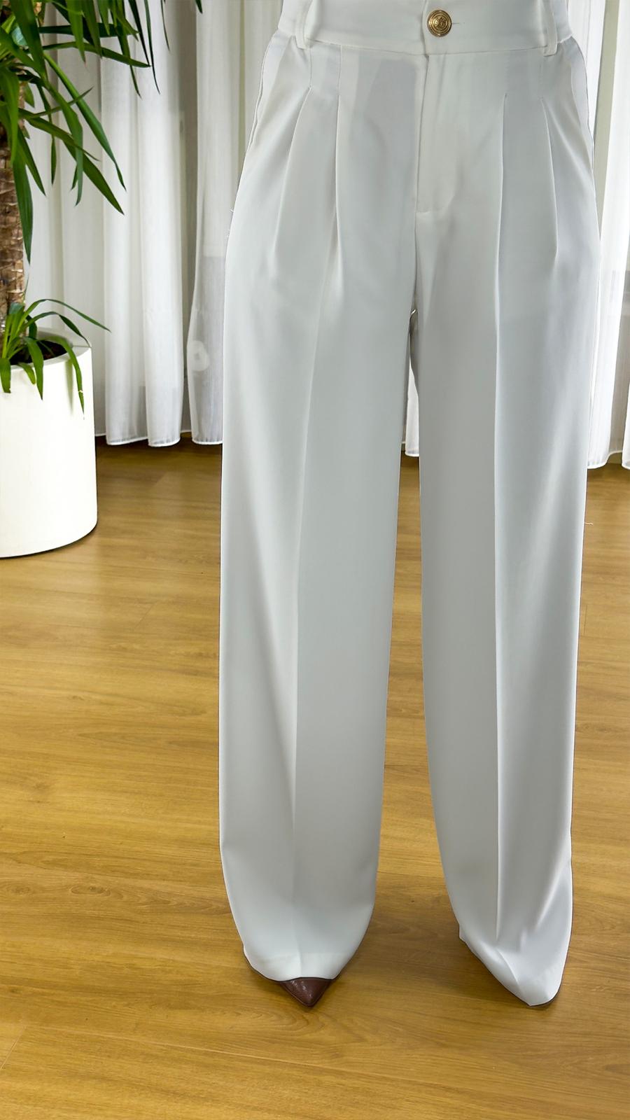 Beyaz Palazzo Pantolon - Yüksek Bel Geniş Paça Kumaş