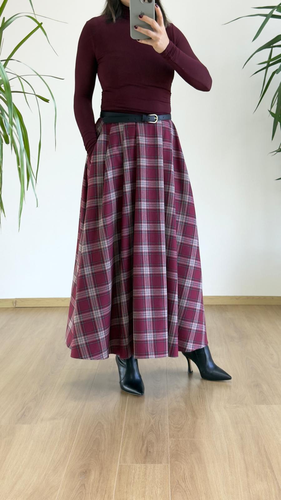 Bordo Ekose Etek - Yüksek Bel Pileli Maxi Boy Etek