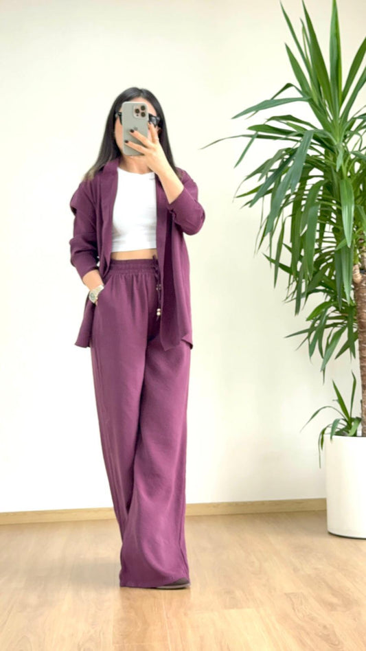 Mürdüm Tensel Takım - Kadın Gömlek Pantolon Seti