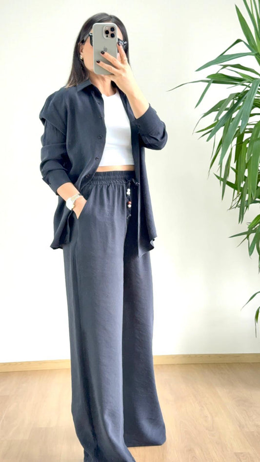 Siyah Tensel Takım - Kadın Gömlek Pantolon Seti