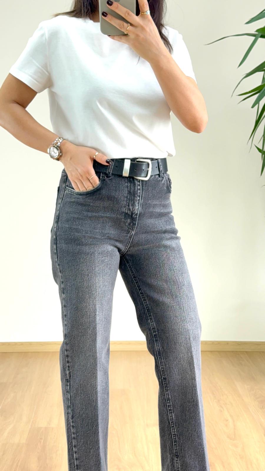 Yüksek Bel Siyah Taşlanmış Straight Pantolon - Wide Leg