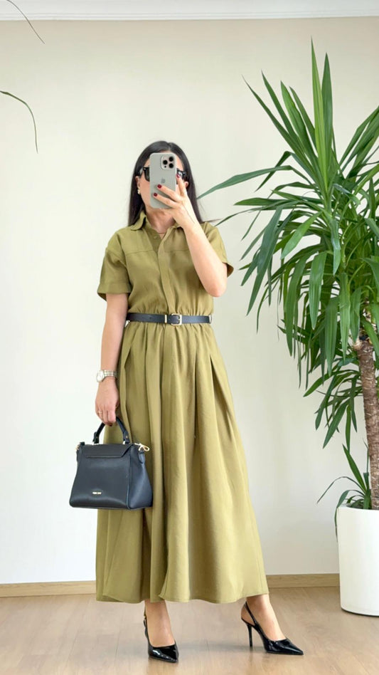 Zamansız Elegans: Zeytin Yeşili Kemer Detaylı Gömlek Elbise